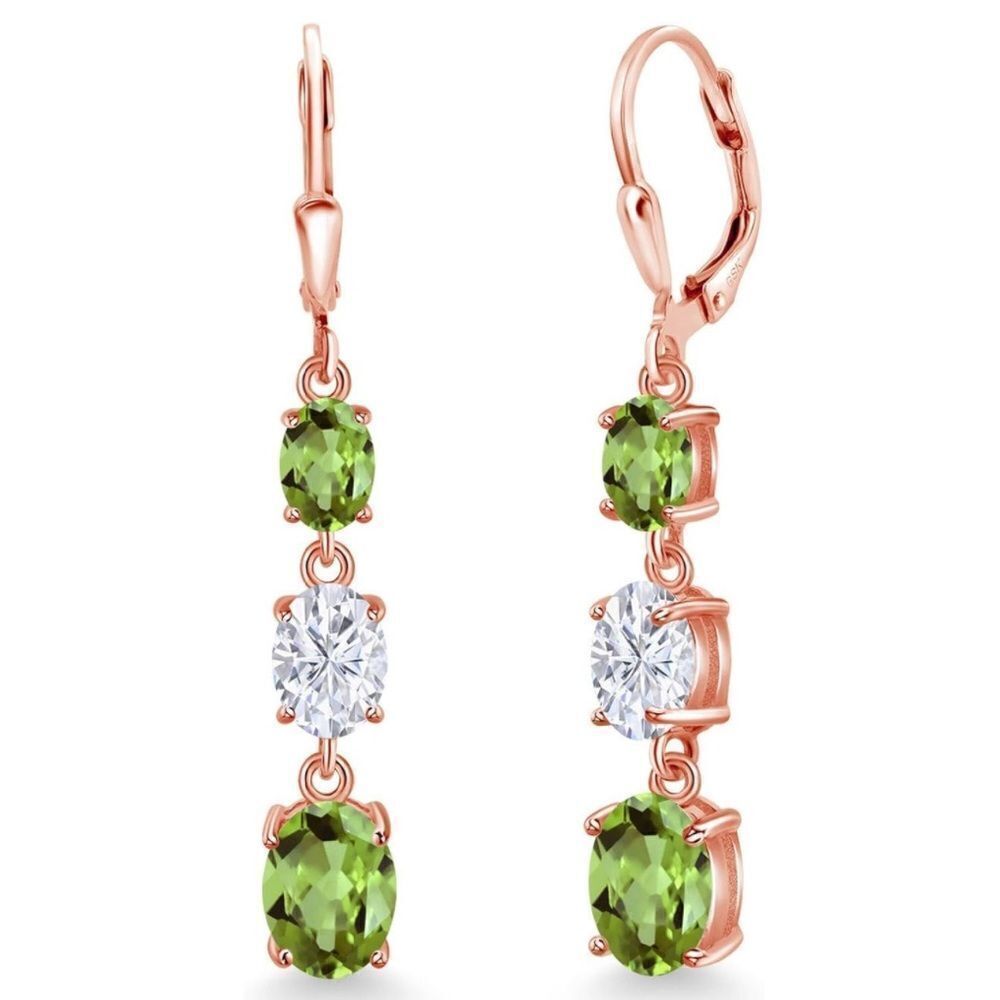 18K Rose Gold with 5.64 Cttw 3 Stone Peridot and White Moissanite Drop Earrings